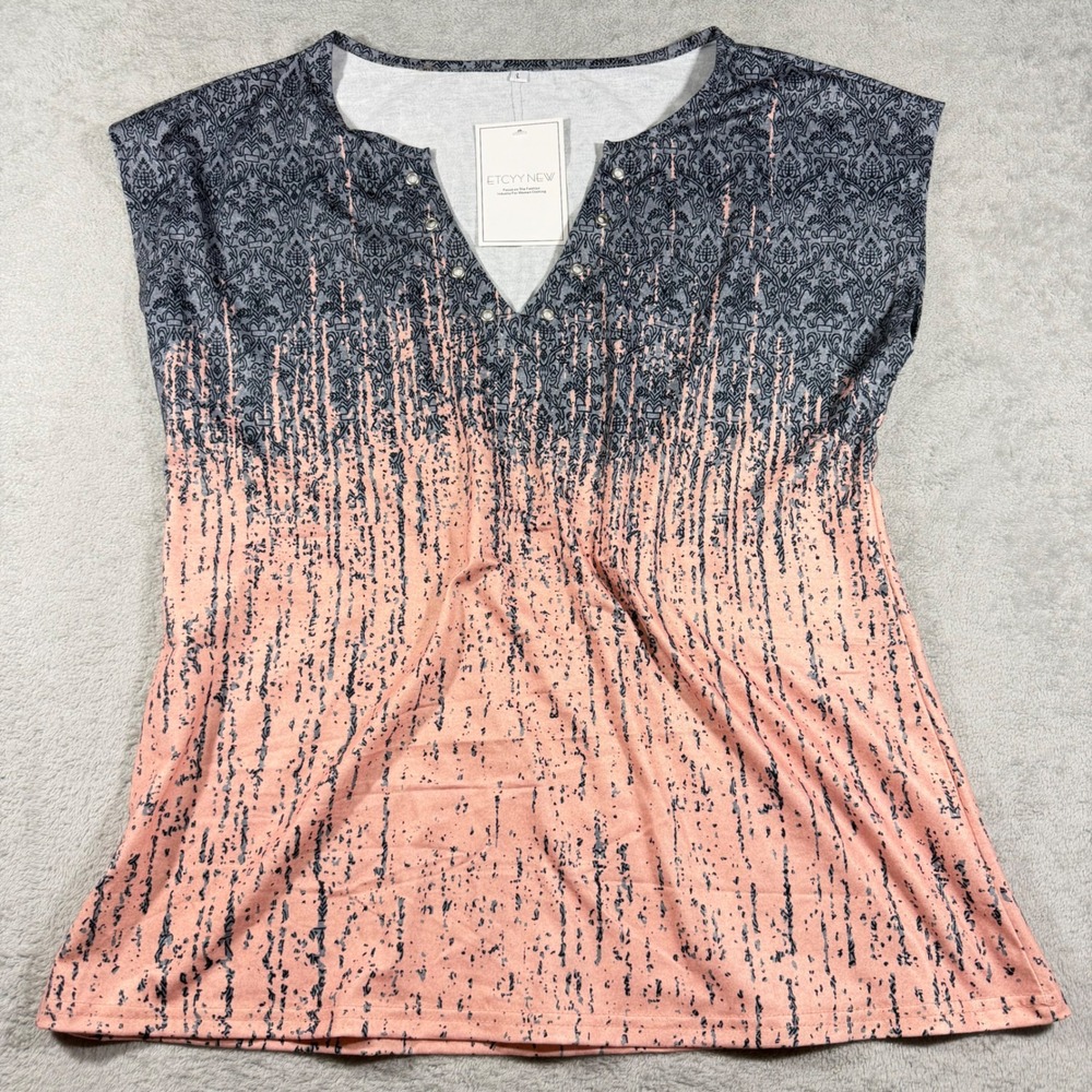 ETCYY NEW Blouse Womens L Peach Grey Ombre Damask Grommet V-Neck Top
